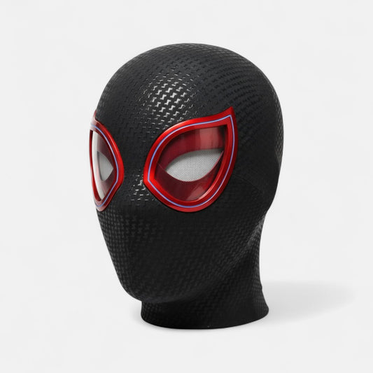 Miles Morales Mask Blinking Movable Eyes Spiderman Ring Remote Control. Miles Morales mask with plain white background.