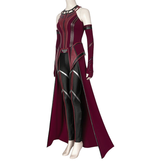 Scarlet Witch costume side view, featuring red and black bodysuit with cape and headpiece.
