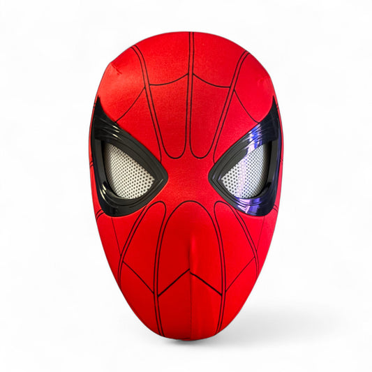 Spiderman mask with blinking movable eyes chin control on a plain white background.