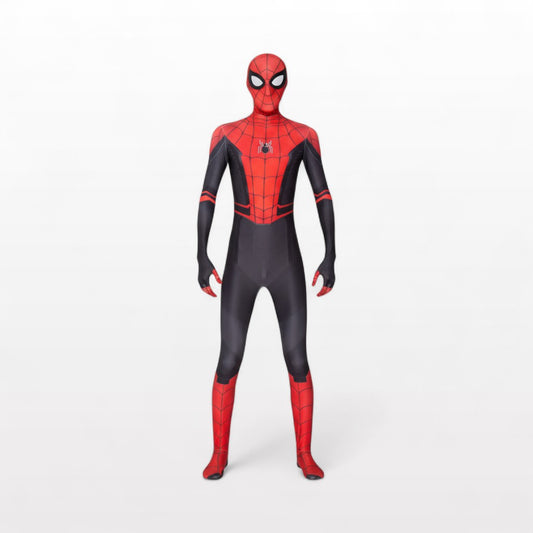 Full-body view of a person standing in a Spider-Man costume, displaying the front design.