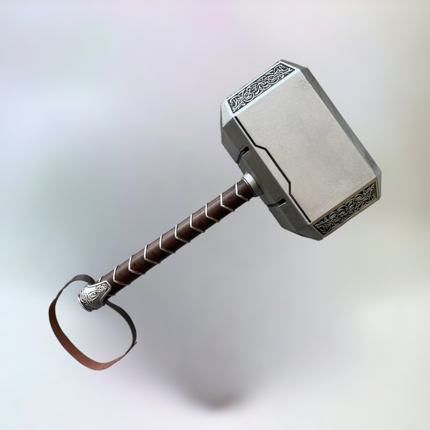 Thor's Hammer toy replica, made of rubber and plastic, with a total height of 44cm and a handle height of 30cm, displayed against a plain background