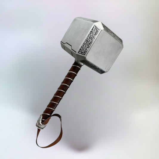 Close-up of the handle of Thor's Hammer toy replica, showcasing the detailed craftsmanship and durable materials, ideal for young heroes and collectors