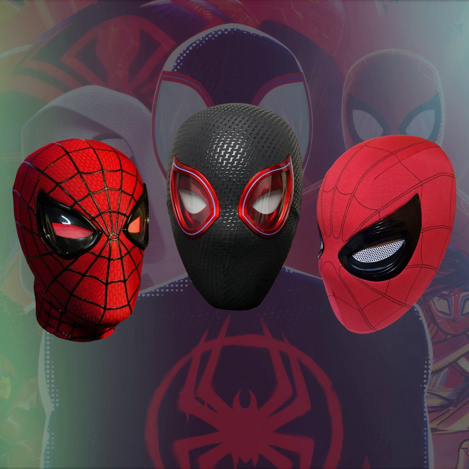 The Amazing Spiderman mask, Miles Morales mask and the Spiderman mask on a background taken from the animated movie Spiderman into the Spiderverse.