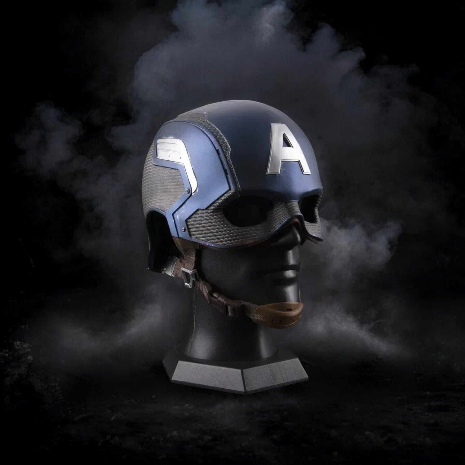 An ultra realistic battle damaged Captain America helmet engulfed in smoke with a dark background.