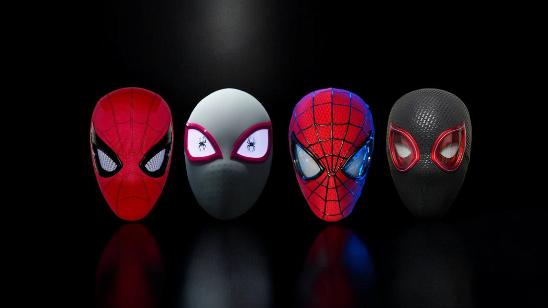 All Spiderman mask variants with a dark background.