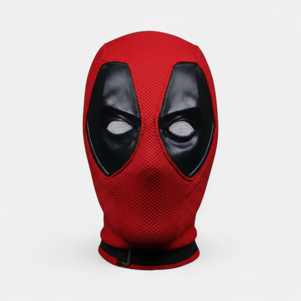 Deadpool mask fabric and leather eyes, deadpool and wolverine, deadpool mask with plain white background.