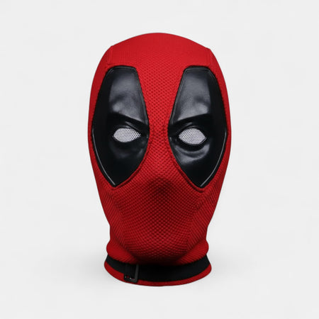 Deadpool mask fabric and leather eyes, deadpool and wolverine, deadpool mask with plain white background.