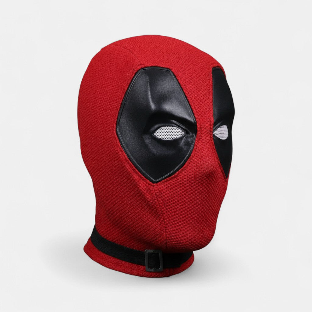 Deadpool mask fabric and leather eyes, deadpool and wolverine, deadpool mask side view with plain white background.