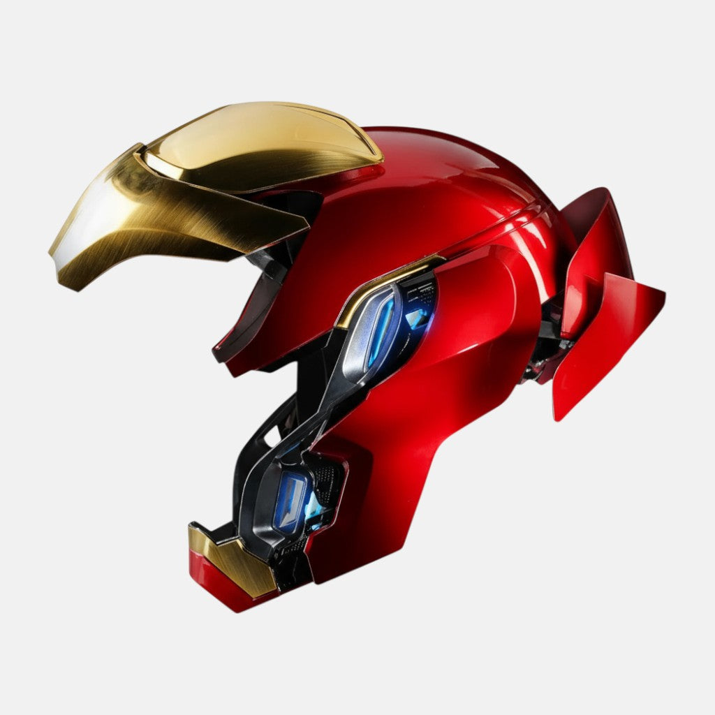 Iron Man MK50 Helmet side view and fully opened on a plain background.