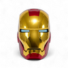 The gold Iron Man MK5 helmet front side with blue eyes.