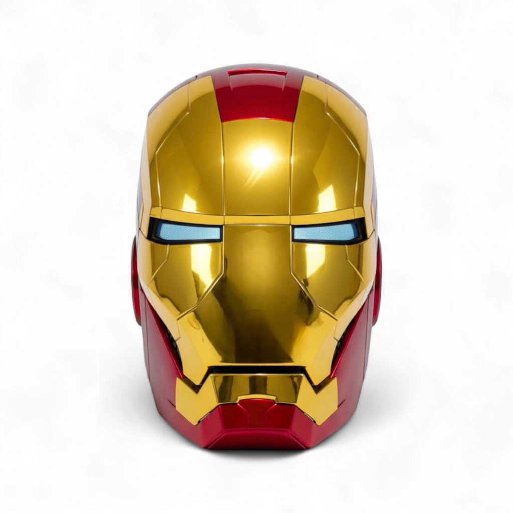 The gold Iron Man MK5 helmet front side with blue eyes.