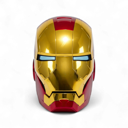 The gold Iron Man MK5 helmet front side with blue eyes.