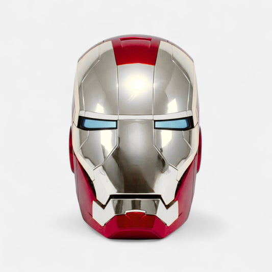 The silver Iron Man MK5 helmet front side with blue eyes on a white background