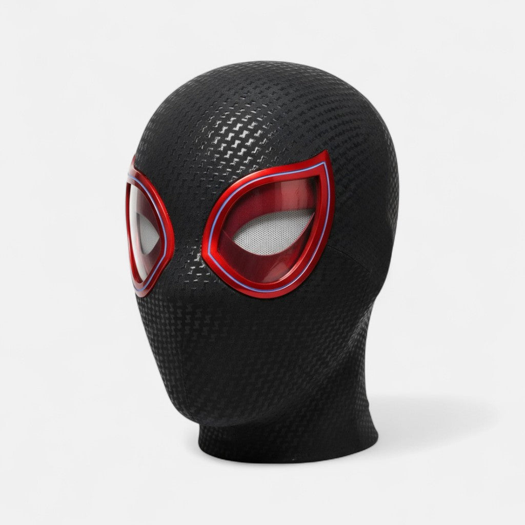 Miles Morales Mask Blinking Movable Eyes Spiderman Ring Remote Control. Miles Morales mask with plain white background.