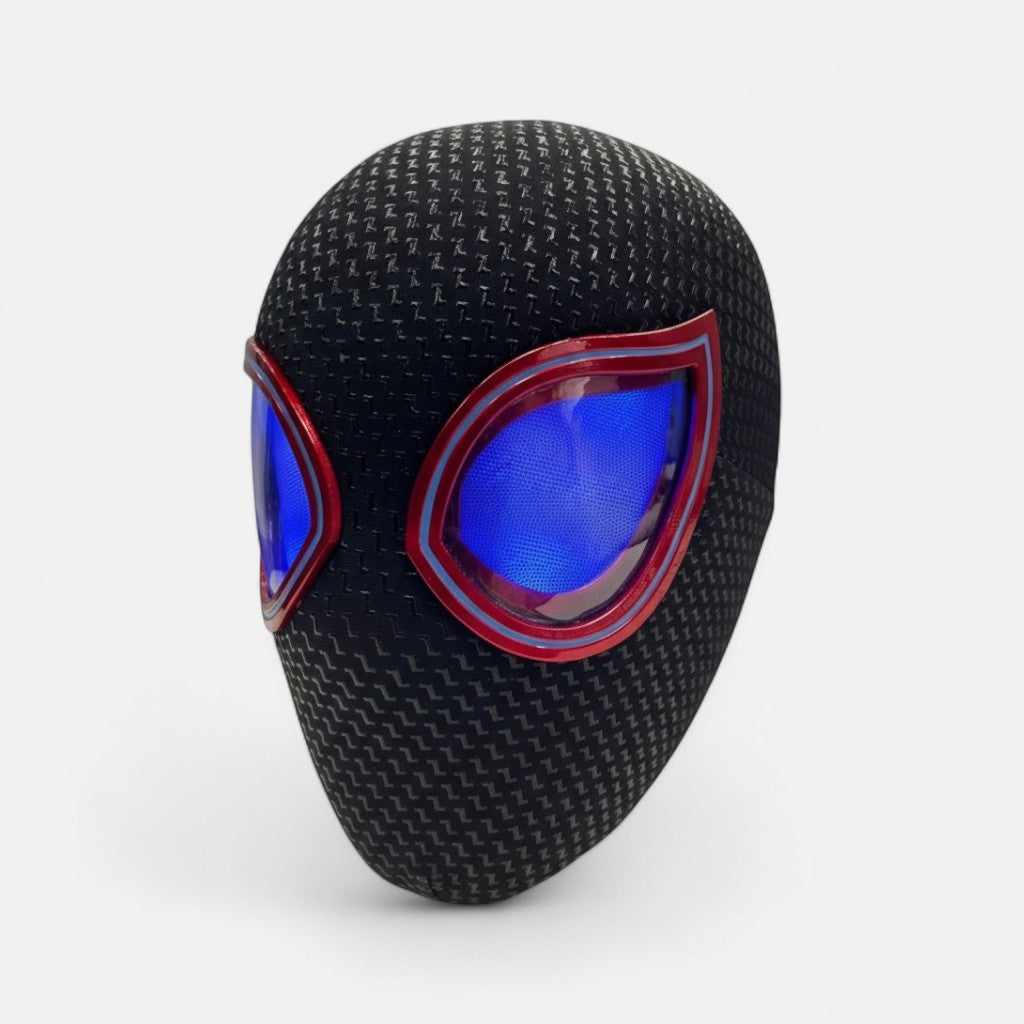 Miles Morales Mask Blinking Movable Eyes Spiderman Ring Remote Control. Miles Morales mask with Blue LED Lights on a plain white background.
