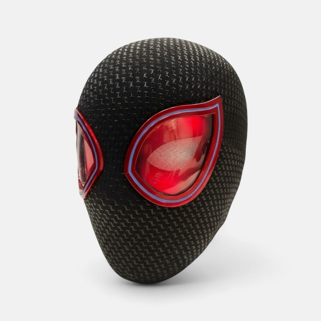 Miles Morales Mask Blinking Movable Eyes Spiderman Ring Remote Control. Miles Morales mask with Red LED Lights on a plain white background.