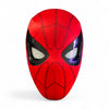 Spiderman mask blinking eyes movable remote control in front of box on a plain white background.