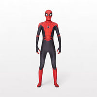 Full-body view of a person standing in a Spider-Man costume, displaying the front design.