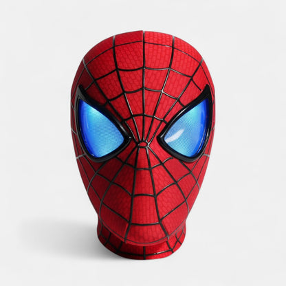The Amazing Spiderman Mask with Blinking Movable Eyes Remote Controlled and LED Lights Blue LED Eyes Open Spiderman mask with plain white background
