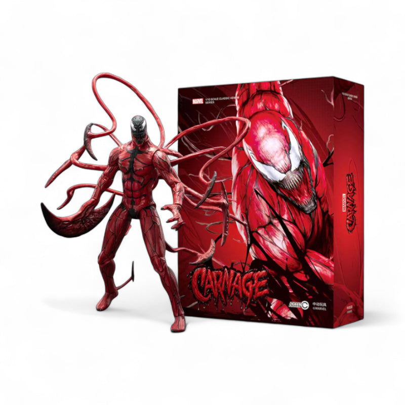 ZD Toys Carnage action figure next to it's box.